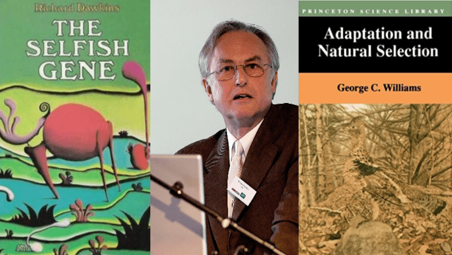 صورة توضح: من اليمين كتاب التكيف والانتقاء الطبيعي لجورج ويليامز، ريتشارد دوكينز(وسط)، وكتاب الجين الأناني لريتشارد دوكينز (يسار).