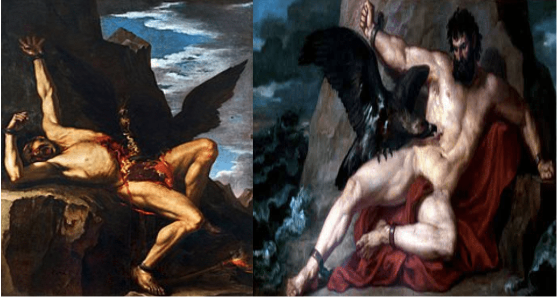 بروميثيوس في رسم على اليمين مقيد والنسر يرقد فوق بطنه وعلى اليسار يأكل في كبده وبروميثيوس يصرخ من الألم.